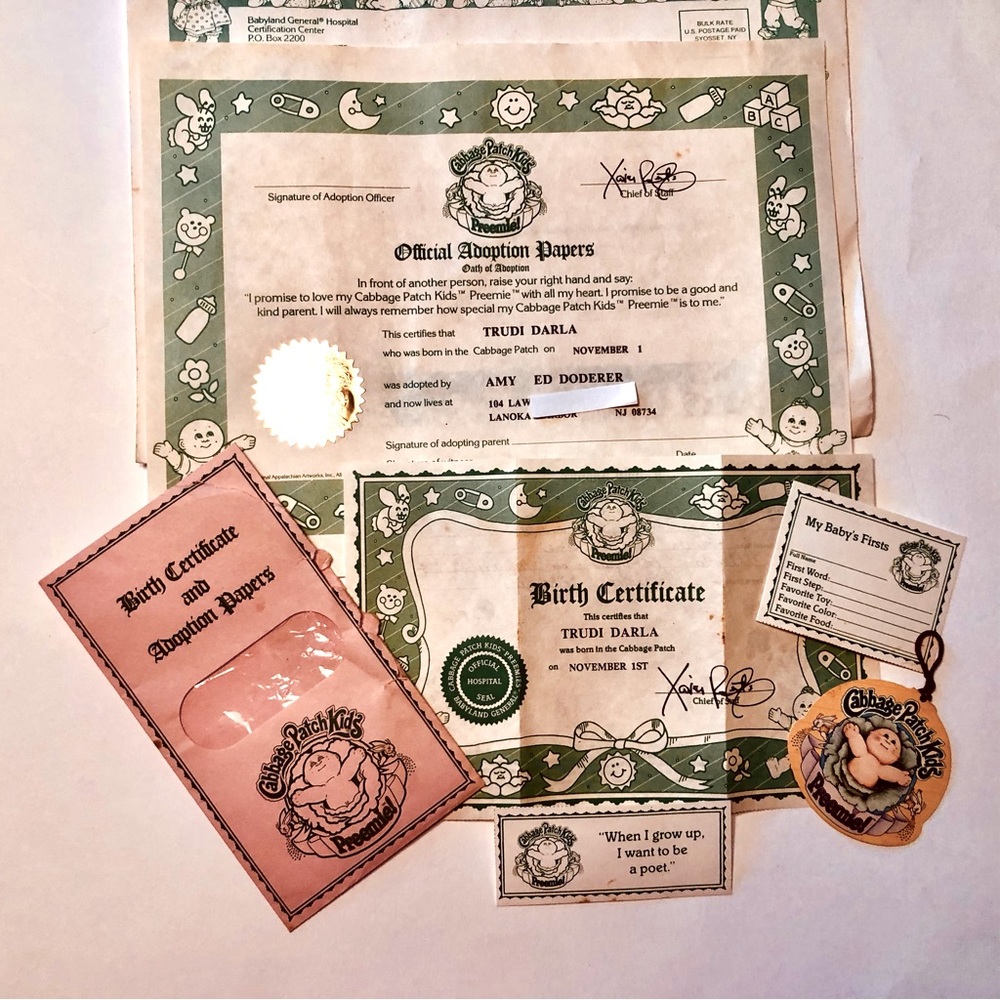 Vintage Cabbage Patch “Preemie” Birth Certificate & Adoption Certificates, Exc.